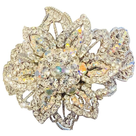 Vtg Aurora Borealis Rhinestone Flower Hair Paris Clip Crystal Filigree Barrette - Picture 5 of 8